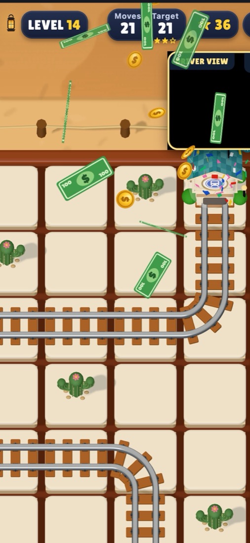 A Wild West level with gold coins, cactus and money raining down