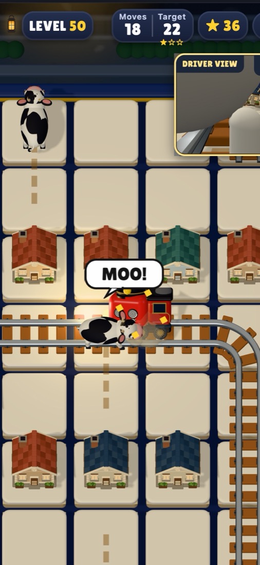 Gameplay: a cow wanders onto the line and the train slams on the brakes